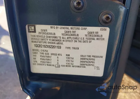 2006 Chevrolet Silverado 1500 Lt1 from USA, damaged, VIN 1GCEC19ZX6Z261189